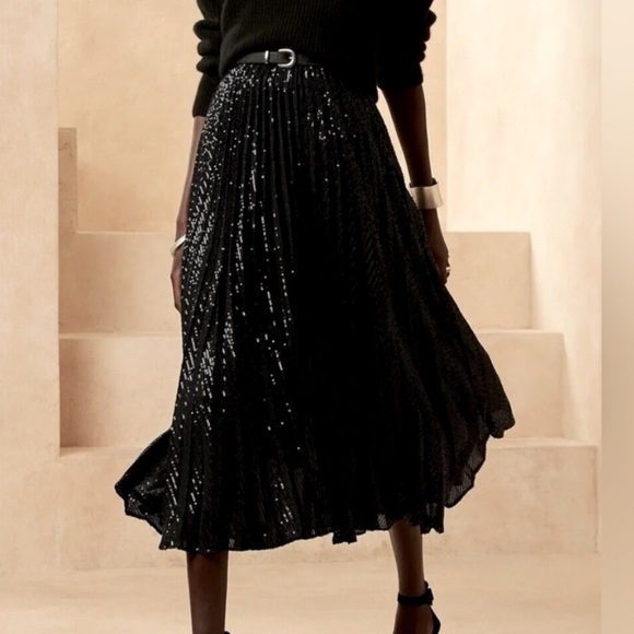 Banana Republic Black Sequin Striped Pleated Midi Skirt Size XS NWT - Picture 9 of 11
